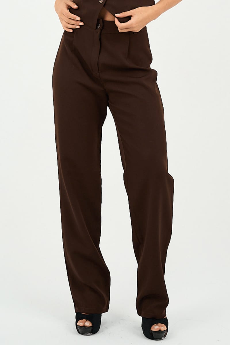 Brown Pleated Straight-Leg Trousers