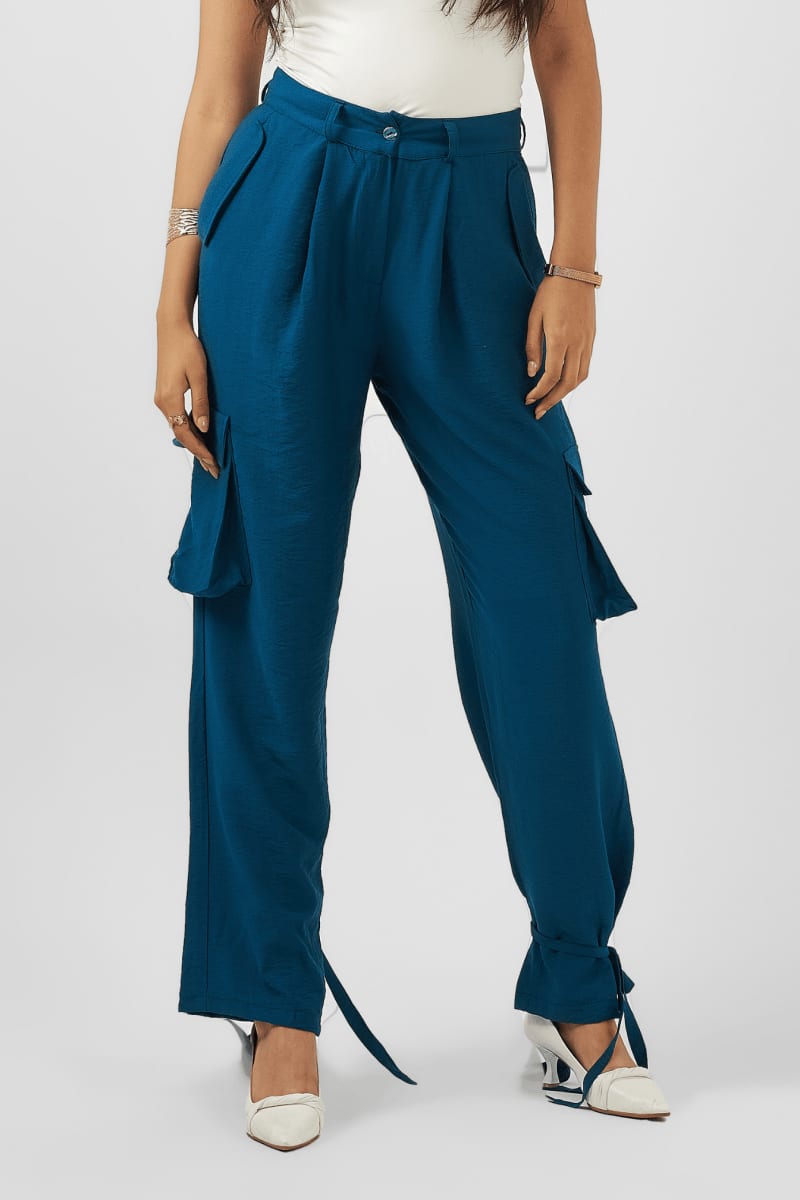 Teal Tie-Hem Cargo Trousers