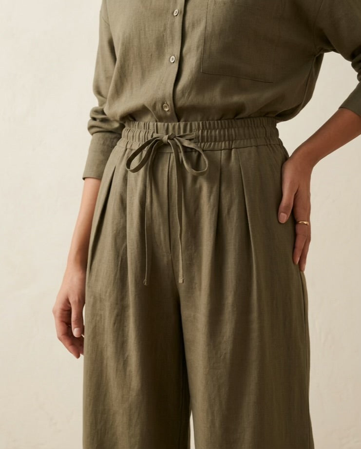 The Verona Linen Wide-Leg Pants - Olive