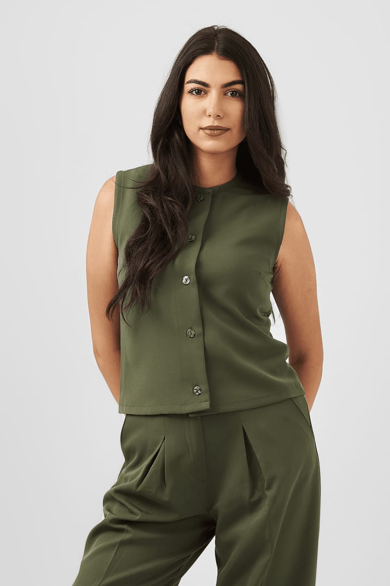 Button Down Sleeveless Top in Olive Green