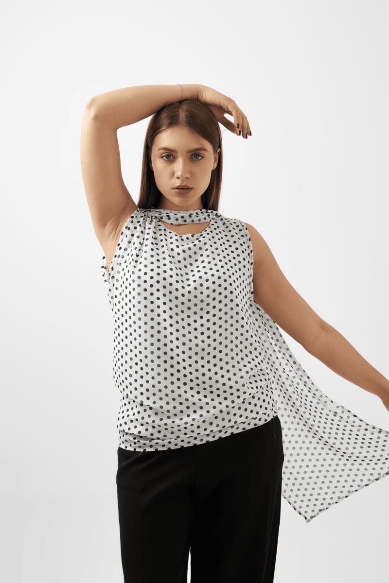 Chic Polka Dot Draped Shoulder Blouse – Black & White