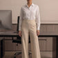 High Waisted Striped Linen Classic Trouser - Beige