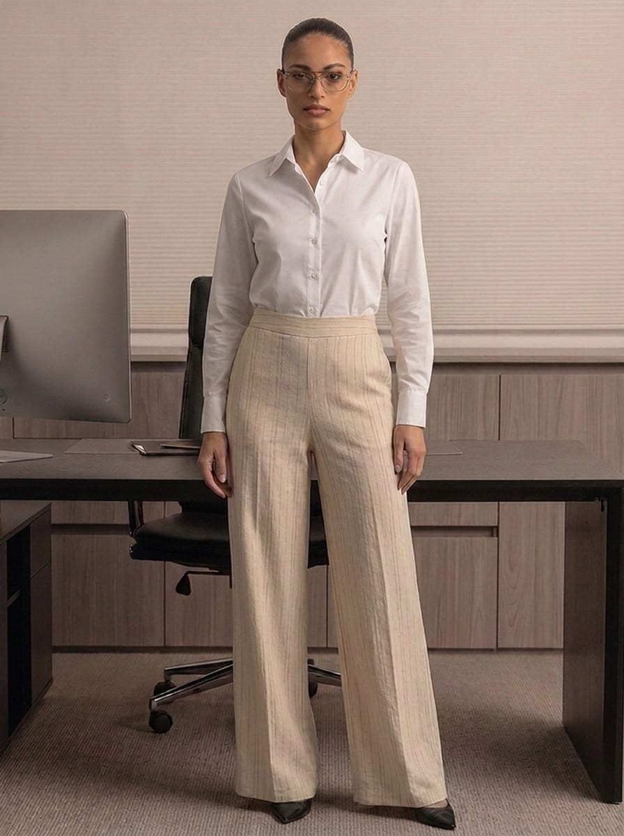 High Waisted Striped Linen Classic Trouser - Beige
