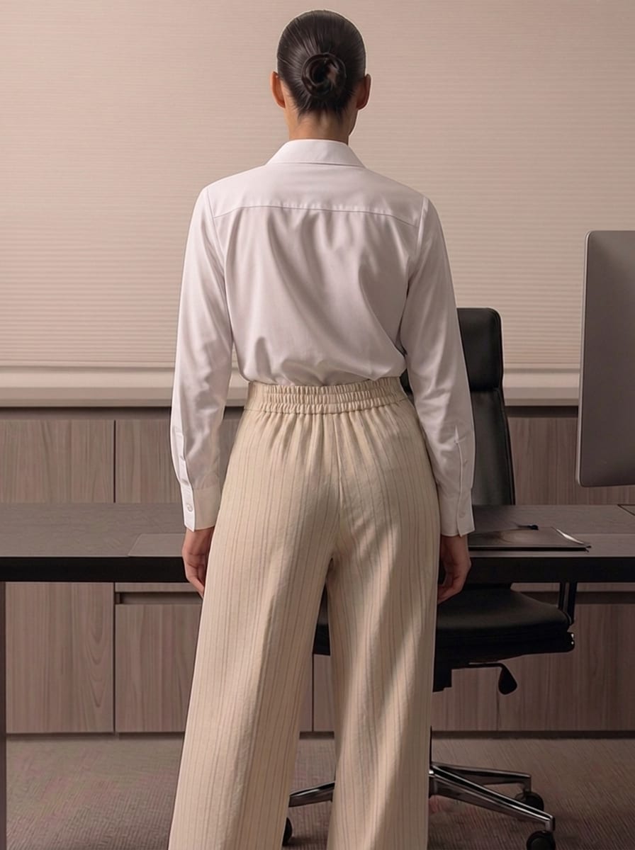 High Waisted Striped Linen Classic Trouser - Beige