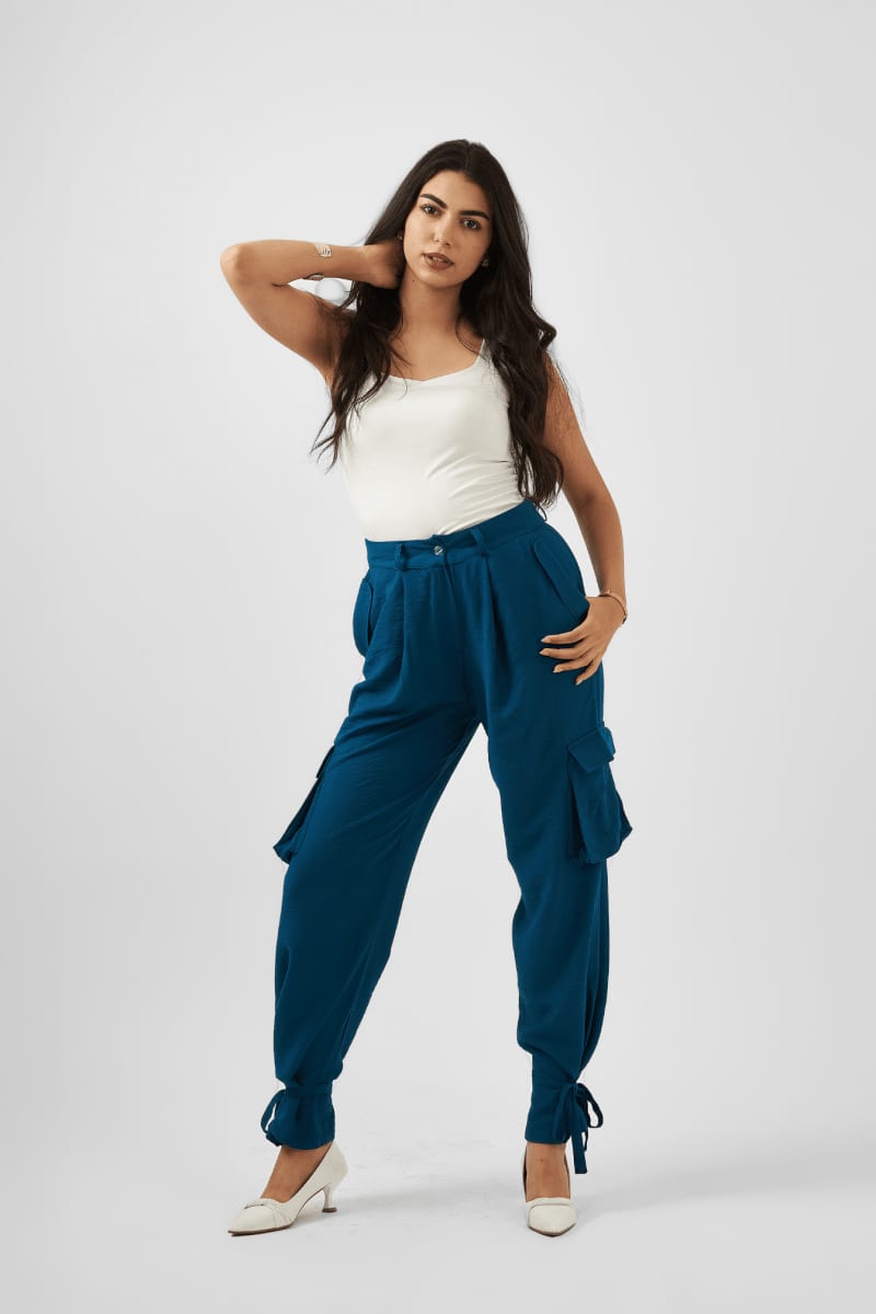 Teal Tie-Hem Cargo Trousers