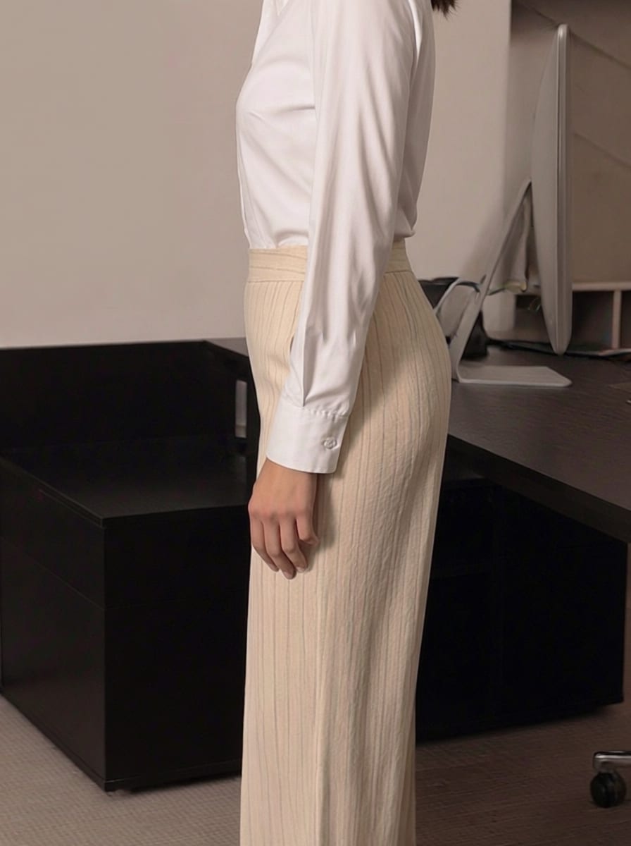 High Waisted Striped Linen Classic Trouser - Beige