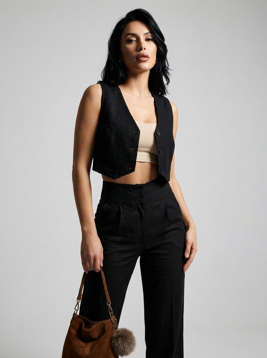 Linen Vest Only - Black