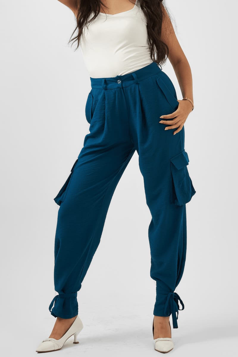 Teal Tie-Hem Cargo Trousers