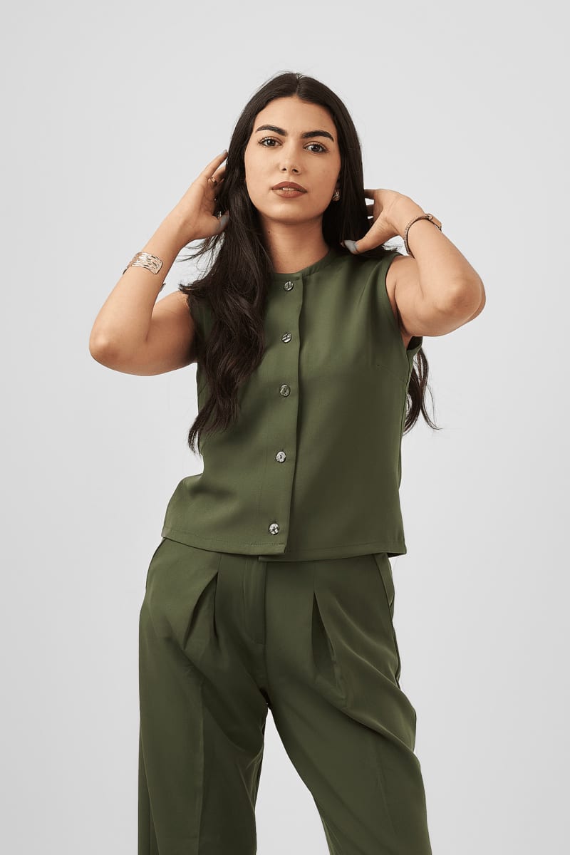 Button Down Sleeveless Top in Olive Green