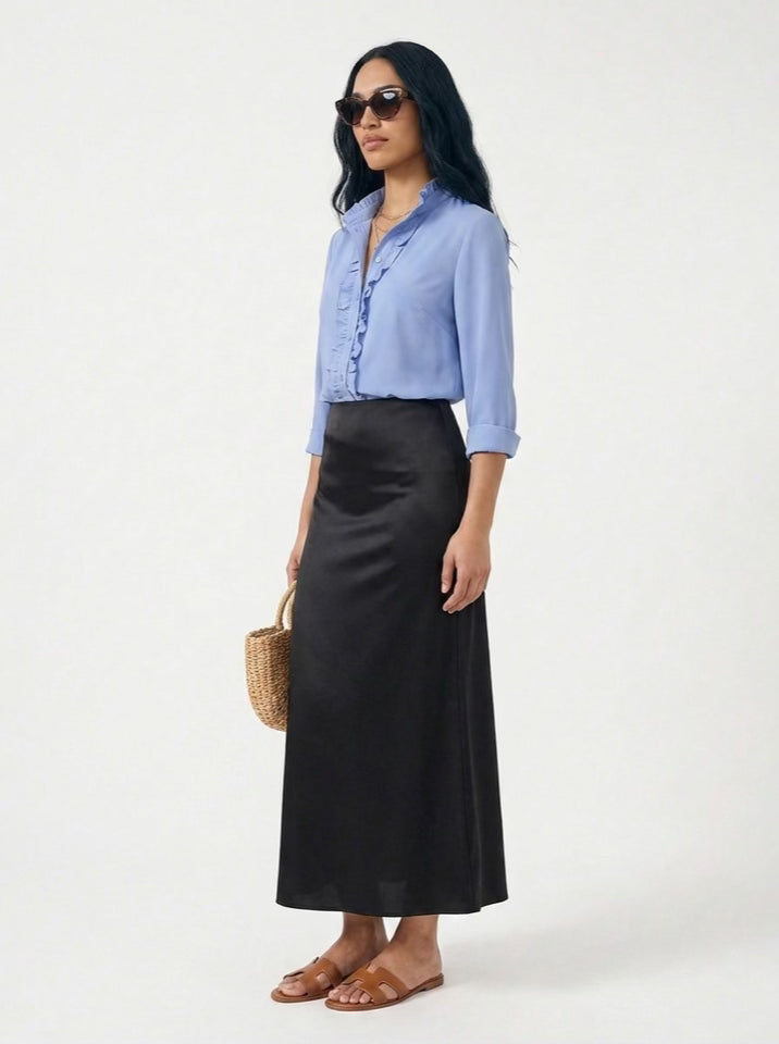 [BUNDLE] Sky Blue Ruffle Blouse & Black Satin Maxi Skirt
