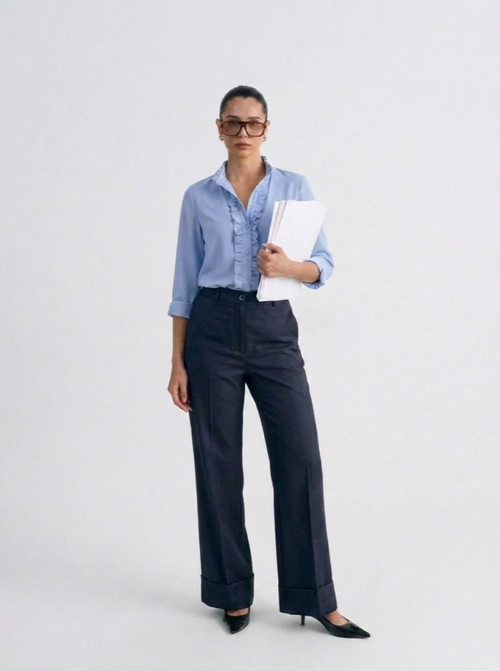 [BUNDLE] - Ruffle Blue Blouse and Elegant Wide Leg Navy Trouser