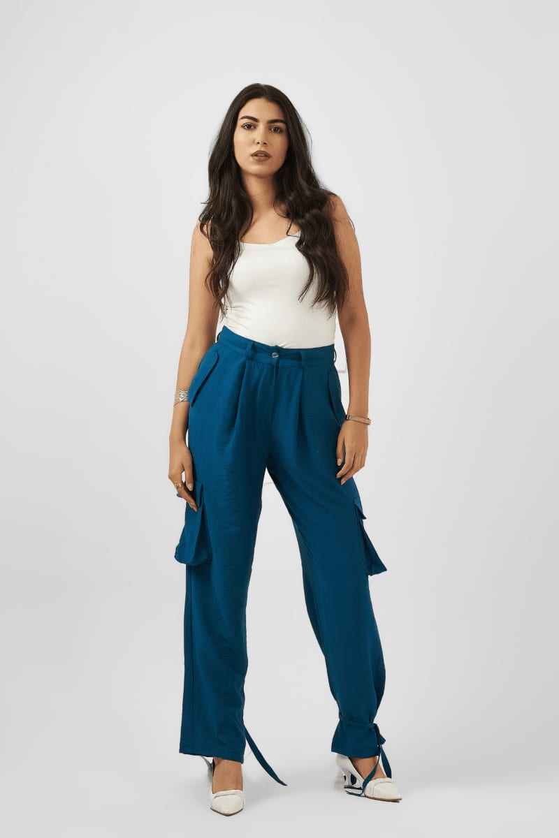 Teal Tie-Hem Cargo Trousers