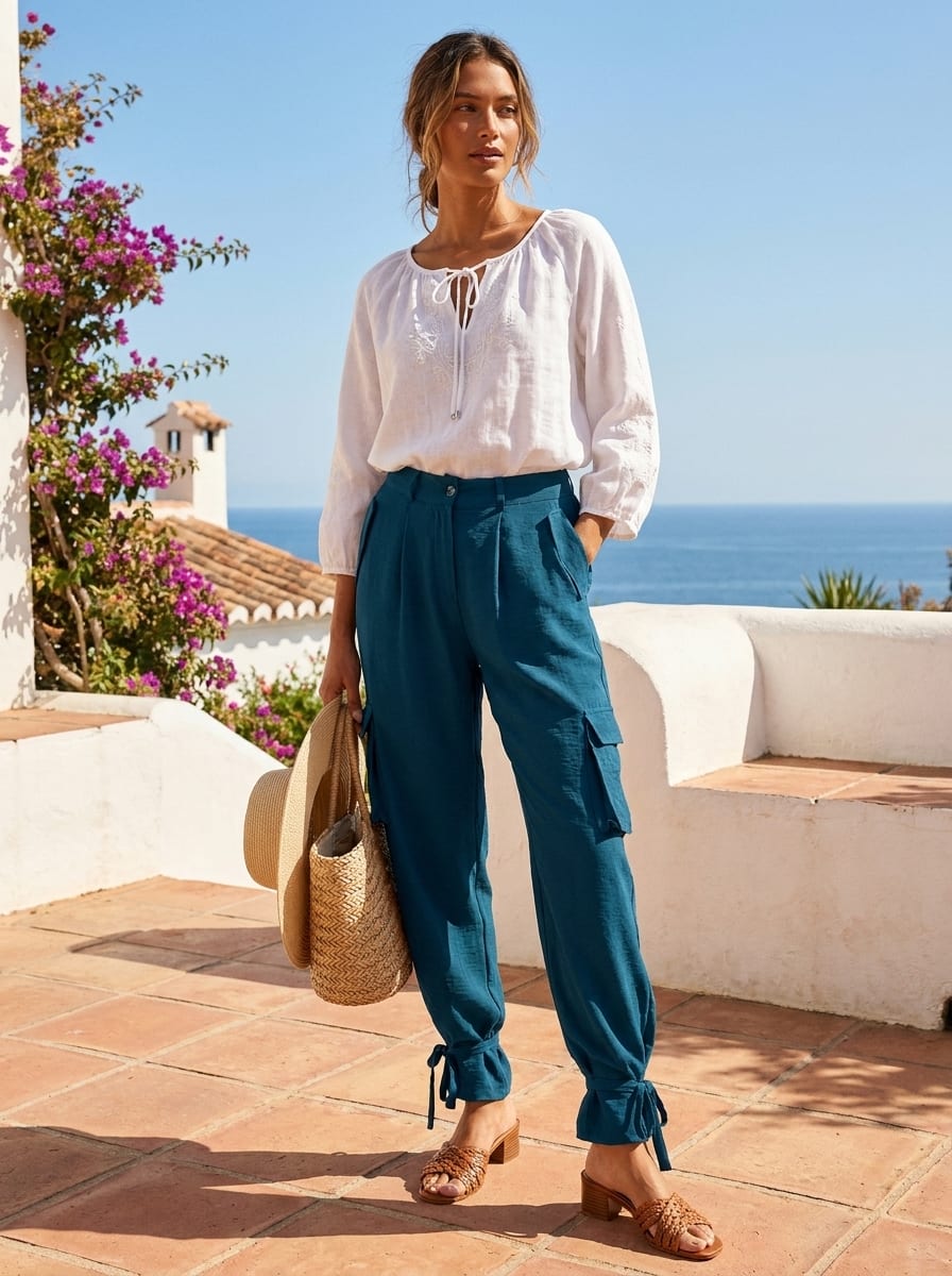 Teal Tie-Hem Cargo Trousers