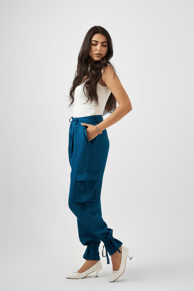 Teal Tie-Hem Cargo Trousers