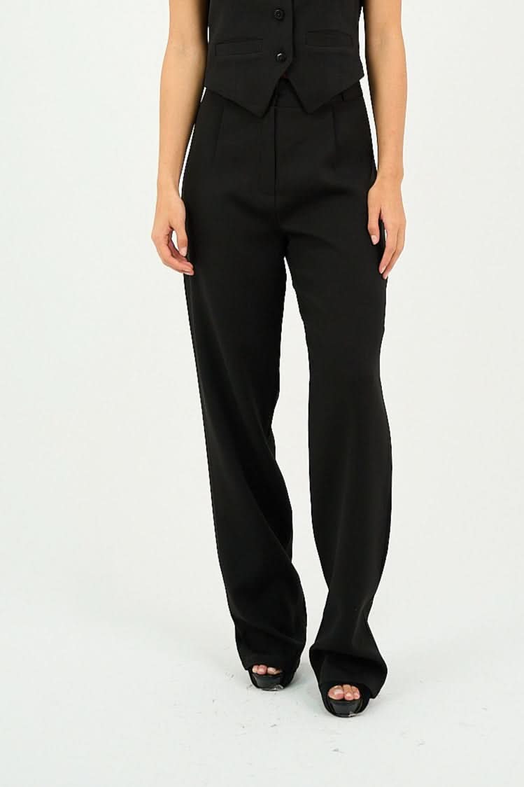 Black Pleated Straight - Leg Trousers - Hushy Wear