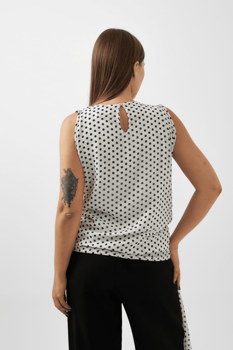 Chic Polka Dot Draped Shoulder Blouse – Black & White