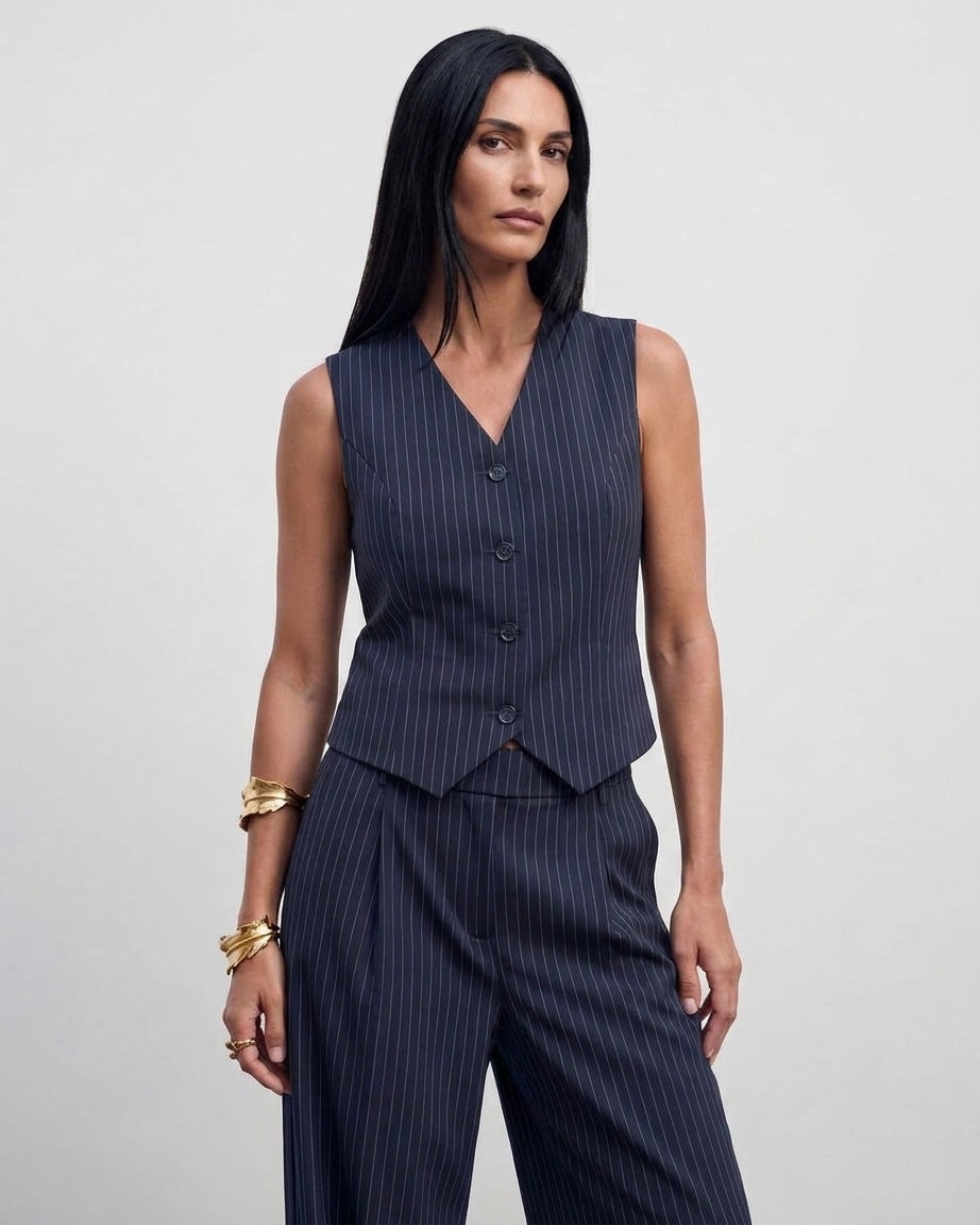 The Madison Pinstripe Tailored Vest - Navy