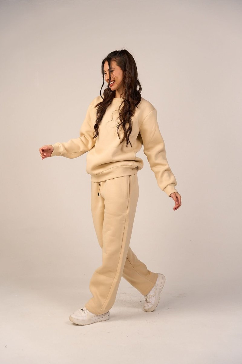 Crew Neck Pullover & Sweatpants - Set - Beige - Hushy Wear