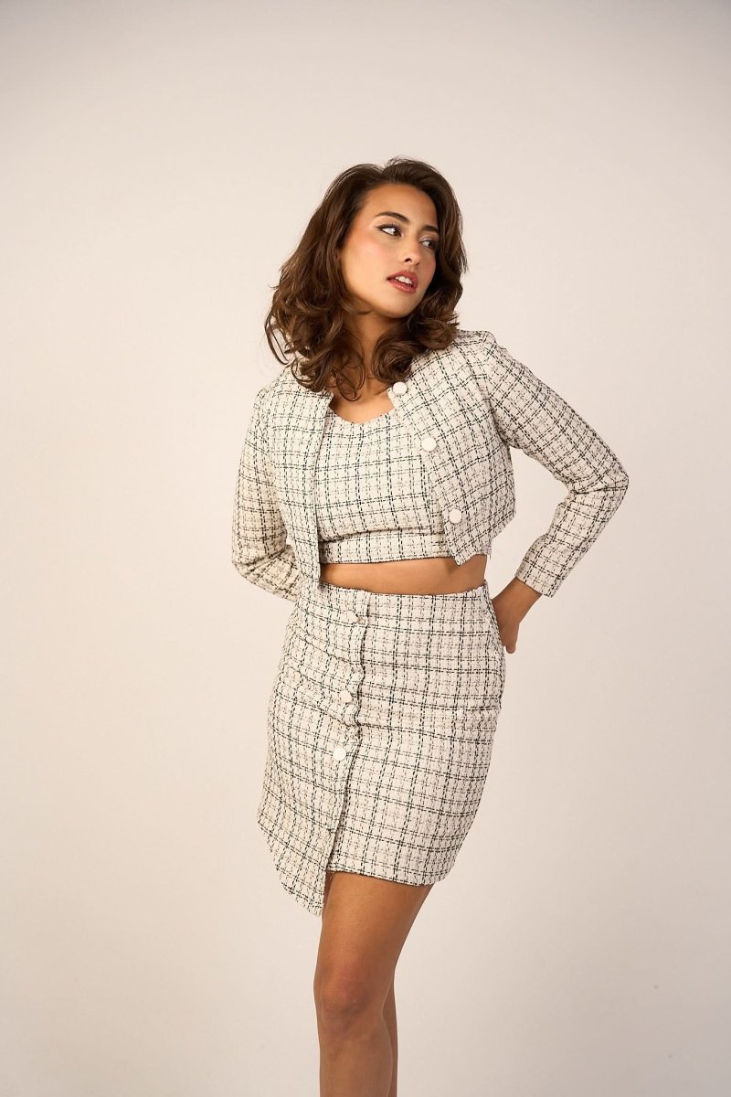 Cropped Tweed Blazer - White - Hushy Wear