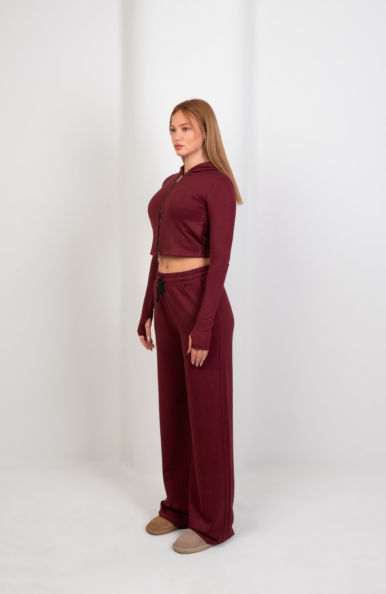 Double Zipper Top & Sweatpants - Burgundy