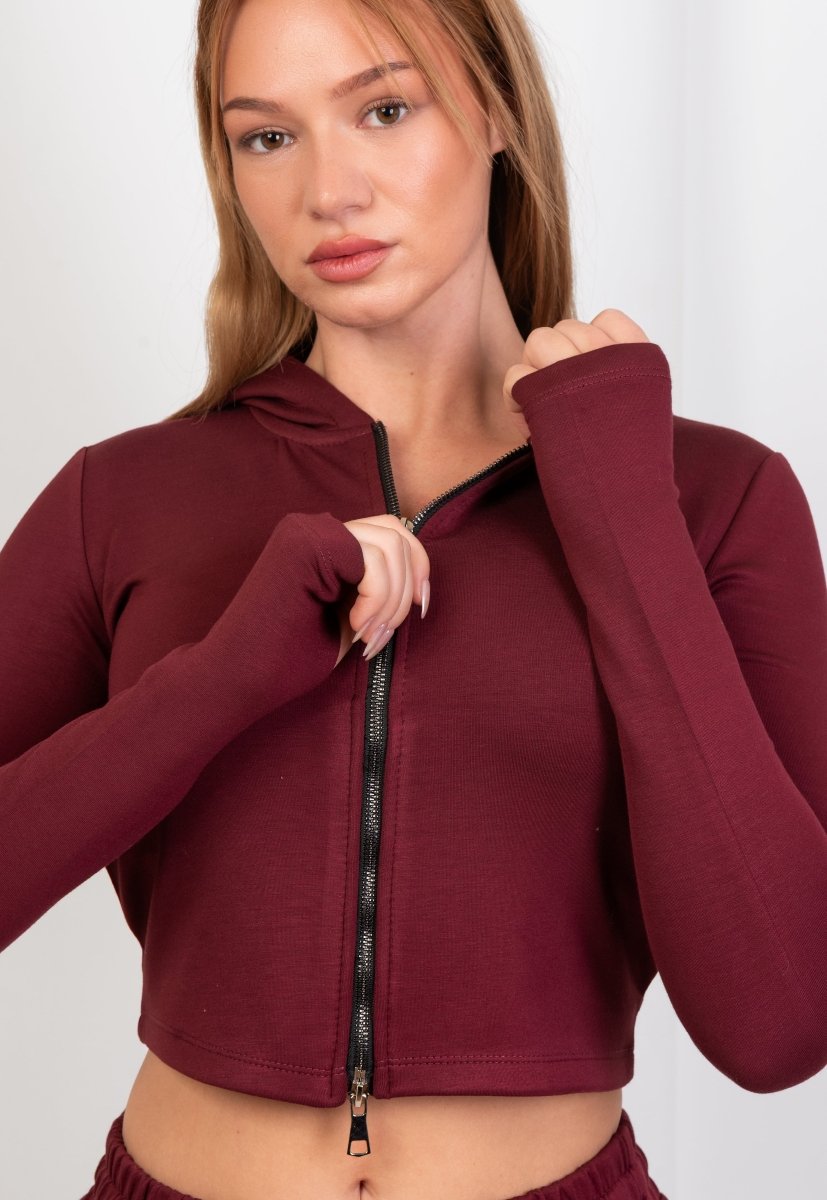 Double Zipper Top & Sweatpants - Burgundy