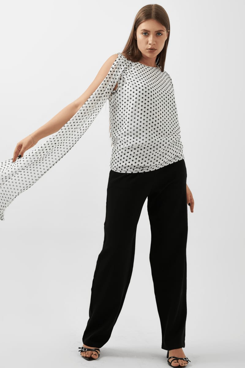 Chic Polka Dot Draped Shoulder Blouse – Black & White