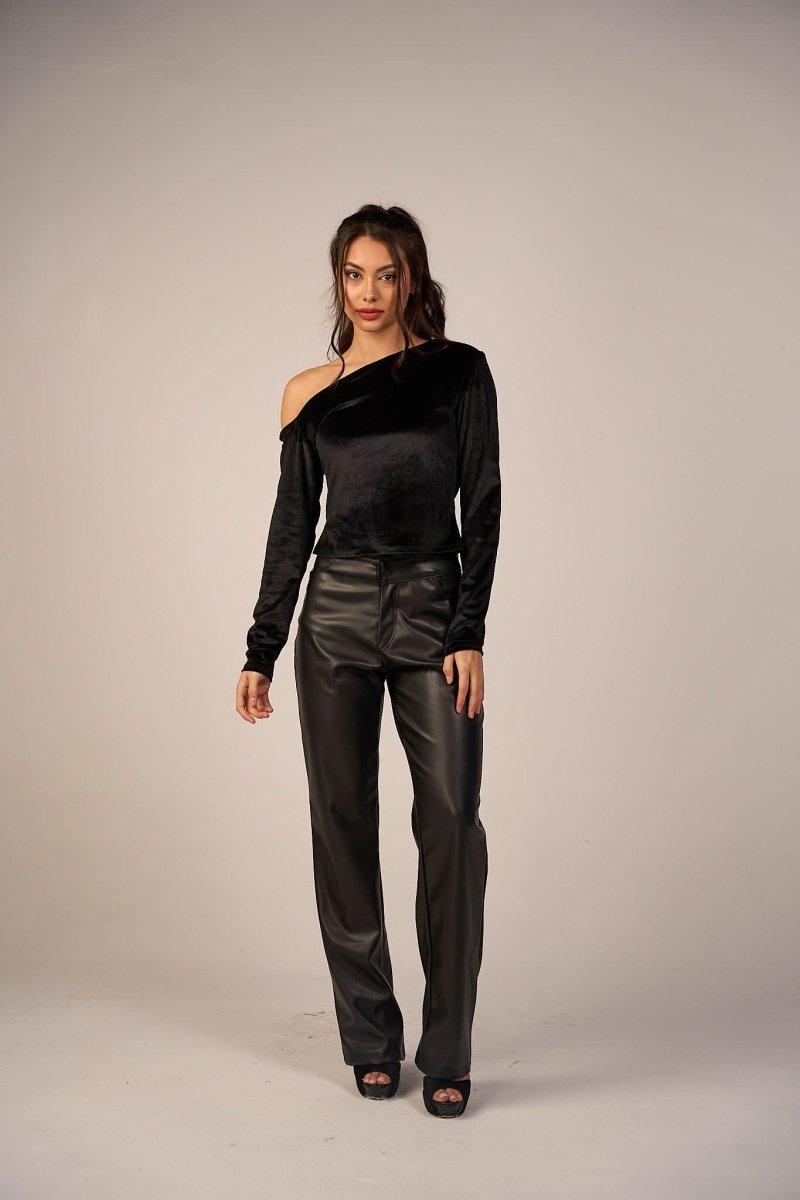 Faux Leather Wide Leg Pants - Black - Hushy Wear