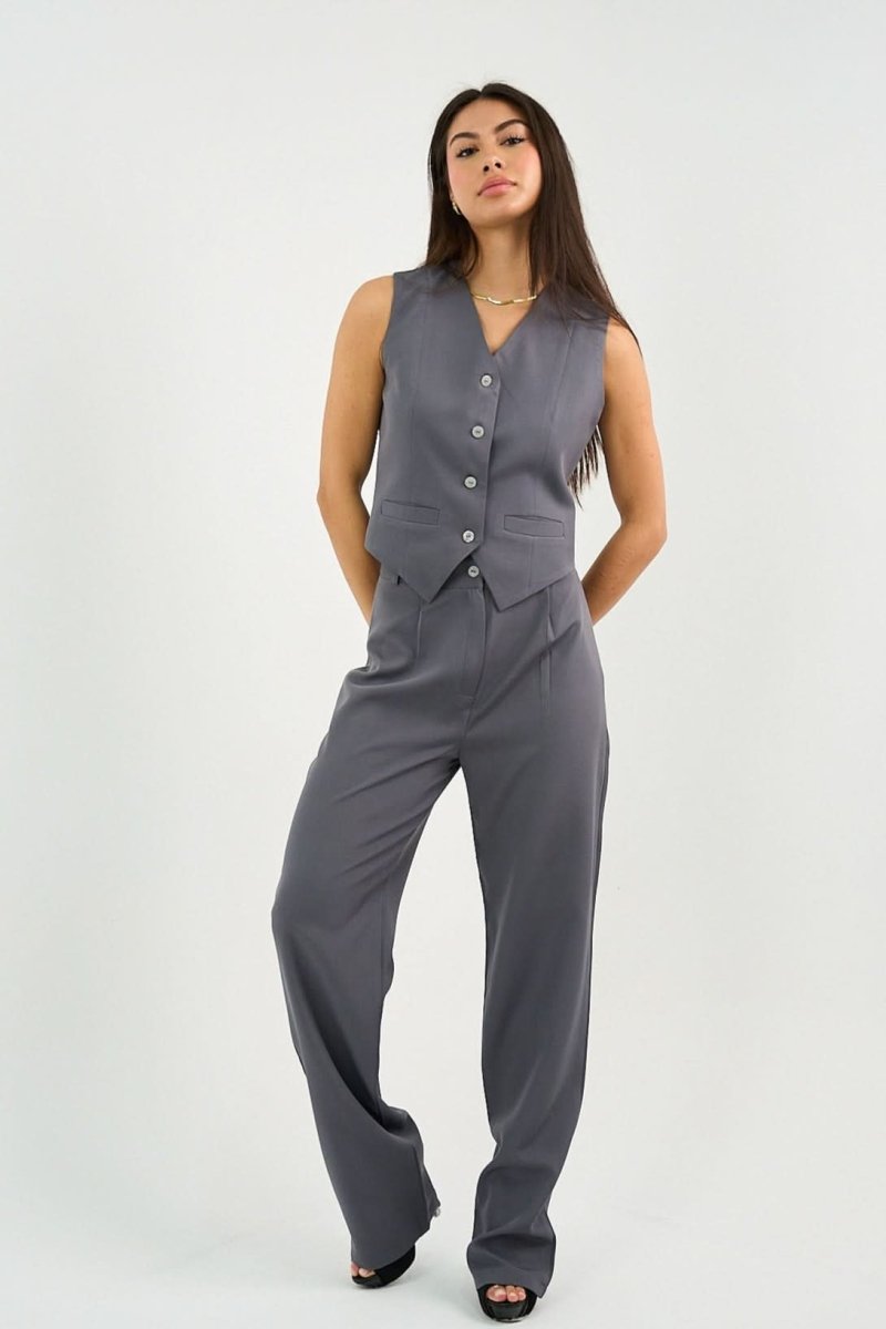 Gray Classic Vest & Pleated Straight Pants Set - Hushy Wear