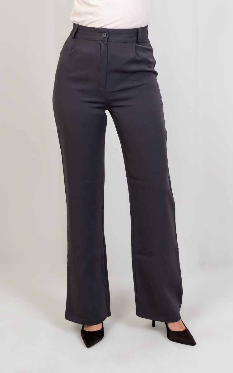 Gray Pleated Straight-Leg Trousers