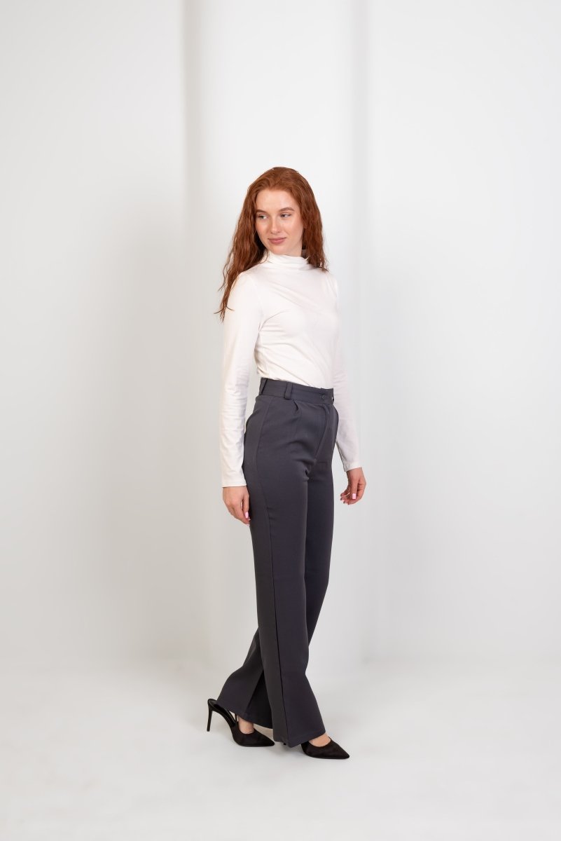 Gray Pleated Straight-Leg Trousers