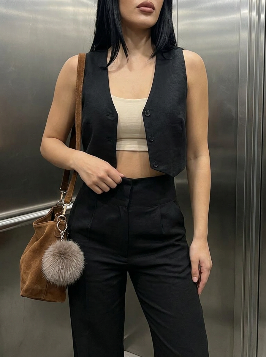 Linen Vest Only - Black