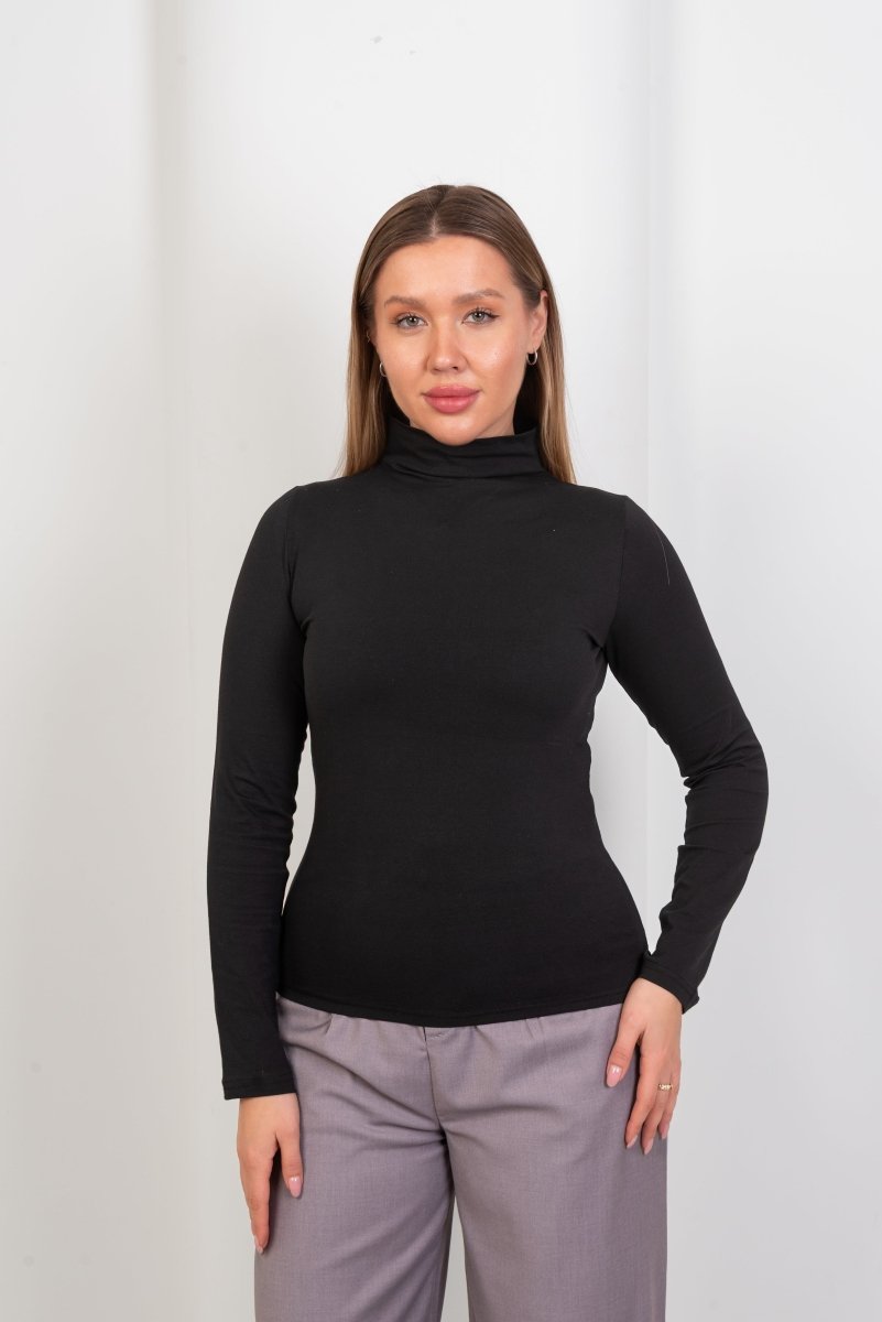 High-Neck Long Sleeve Top - Black