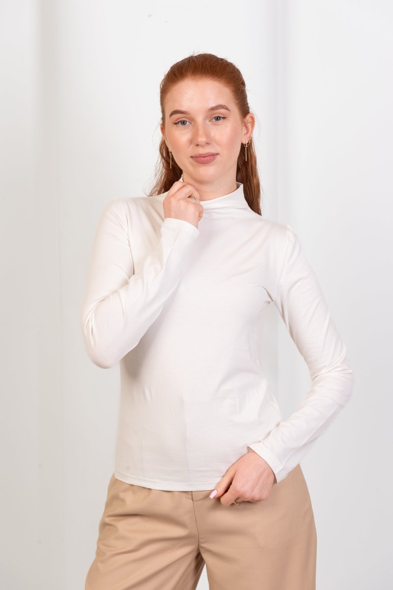 High - Neck Long Sleeve Top - White - Hushy Wear