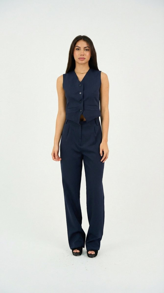 Navy Classic Vest & Pleated Straight Pants Set