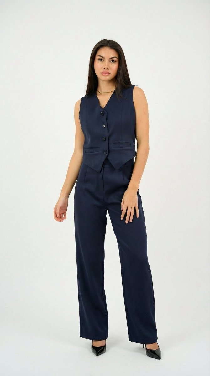 Navy Classic Vest & Pleated Straight Pants Set