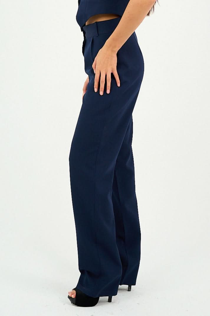 Navy Pleated Straight - Leg Trousers - Hushy Wear
