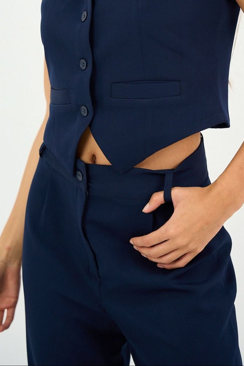 Navy Pleated Straight - Leg Trousers - Hushy Wear