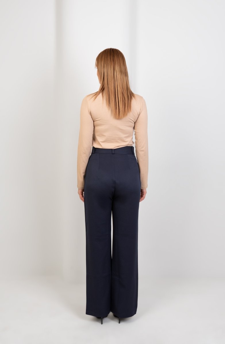 Navy Pleated Straight - Leg Trousers - Hushy Wear