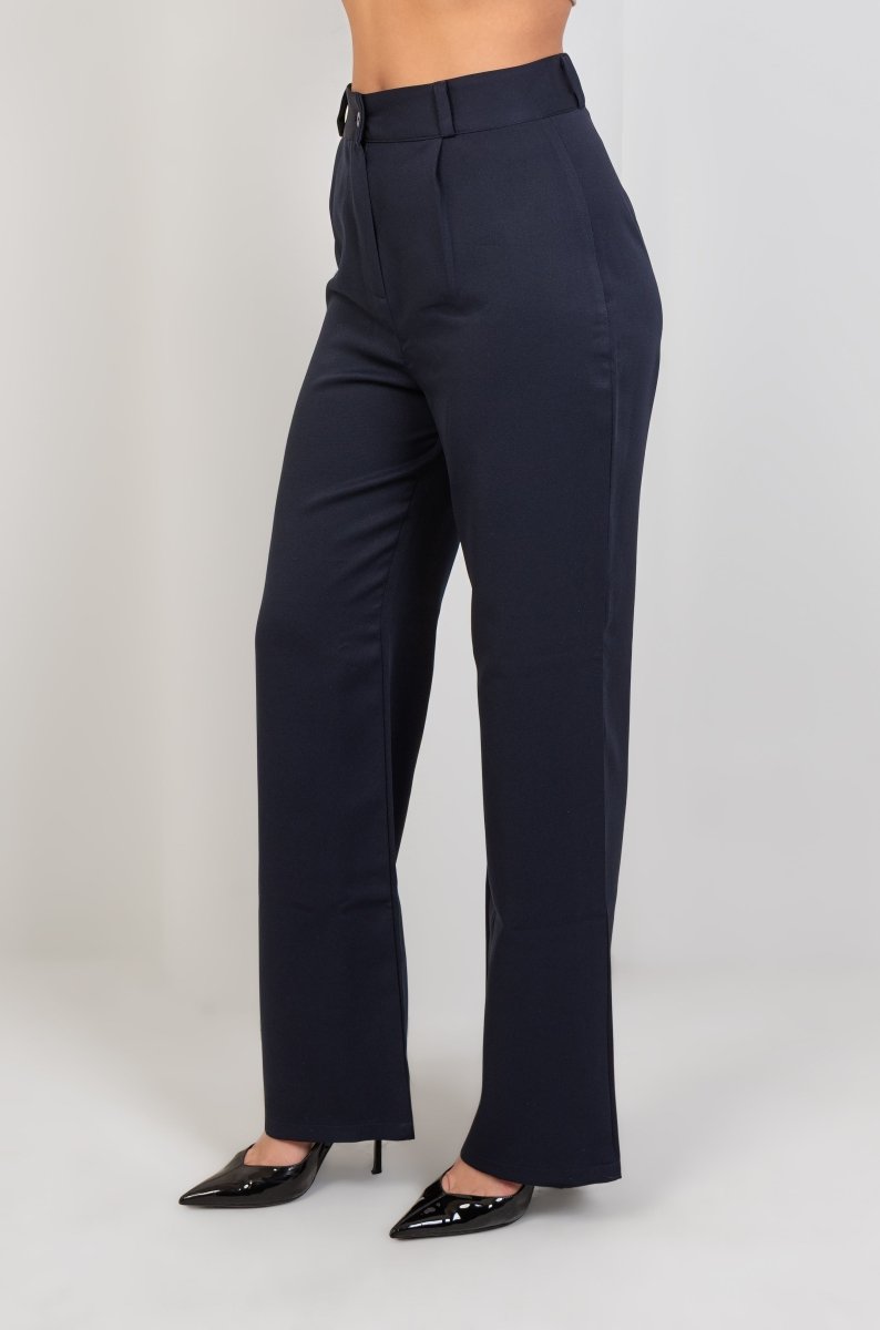 Navy Pleated Straight - Leg Trousers - Hushy Wear