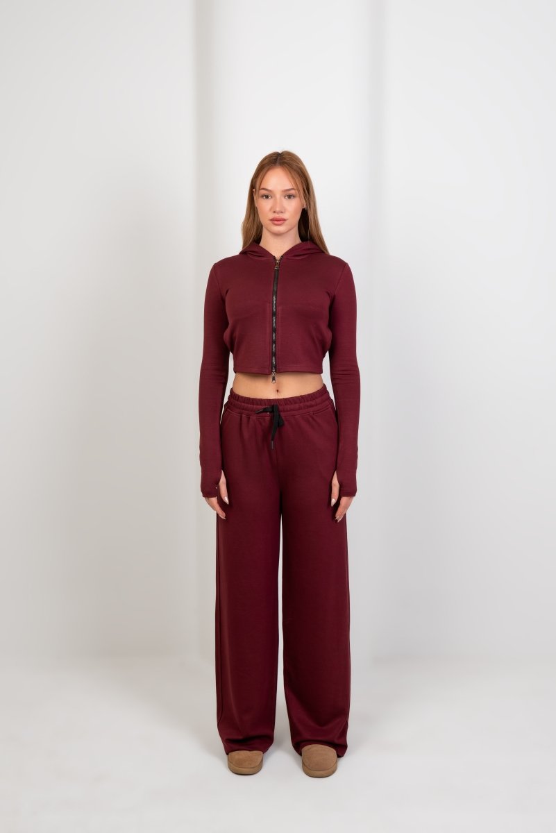 Double Zipper Top & Sweatpants - Burgundy